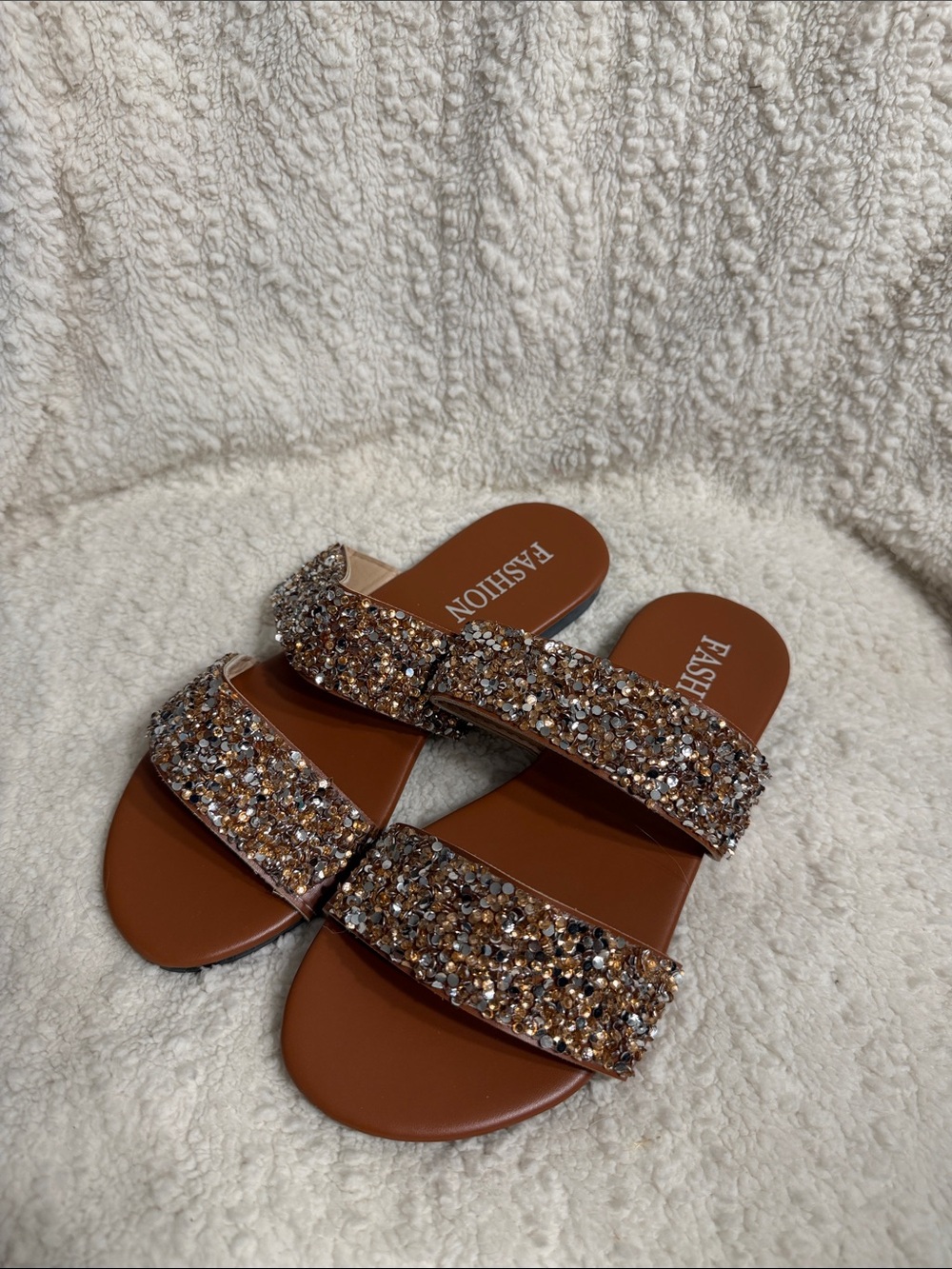 Sparkle Brown Crystal Double-Strap Slide Sandals